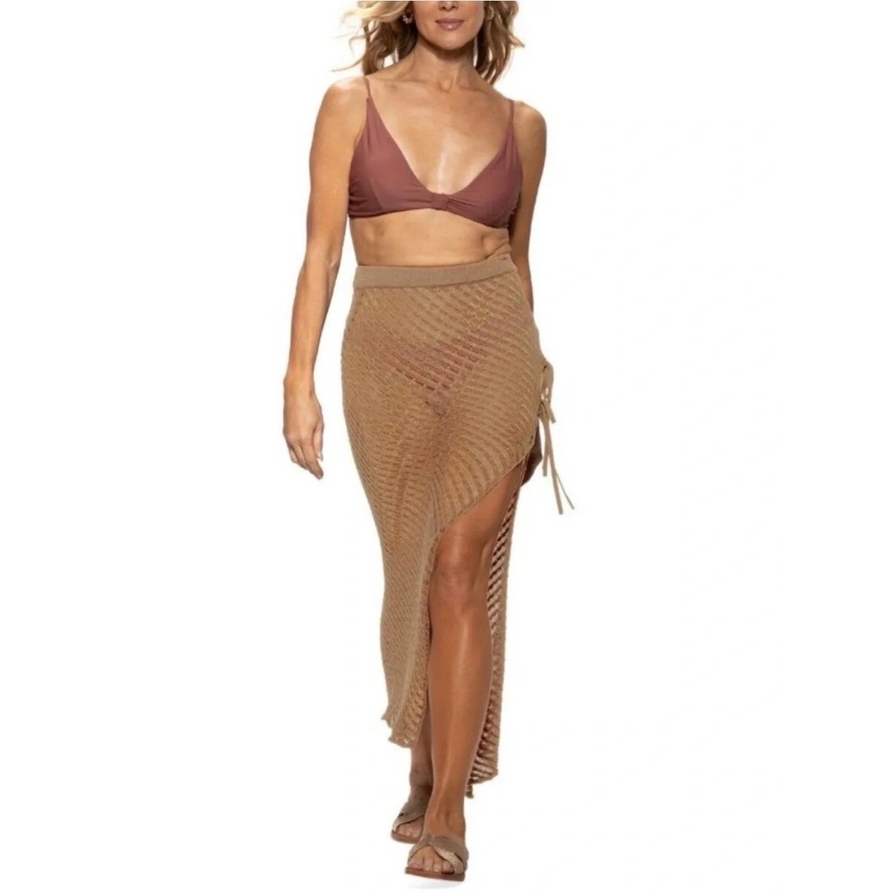NEW Dotti Crochet Maxi Skirt Cover Up Women Taupe Side Tie Slit XL $78
